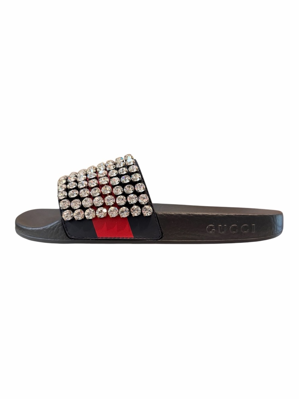 NIB Gucci Pursuit Crystal Embellished Web Slides Sandals